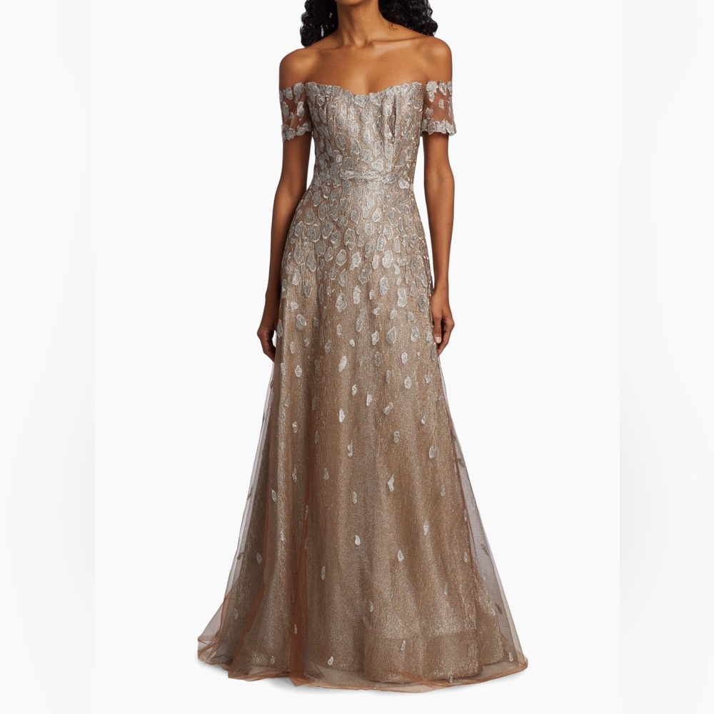 Rene Ruiz Tan and Silver Embellished Strapless Gown - Picture 3 of 8